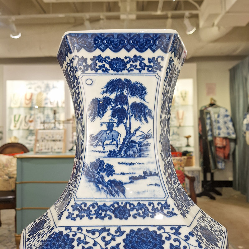 Hex Blue and White Landscape Vase
