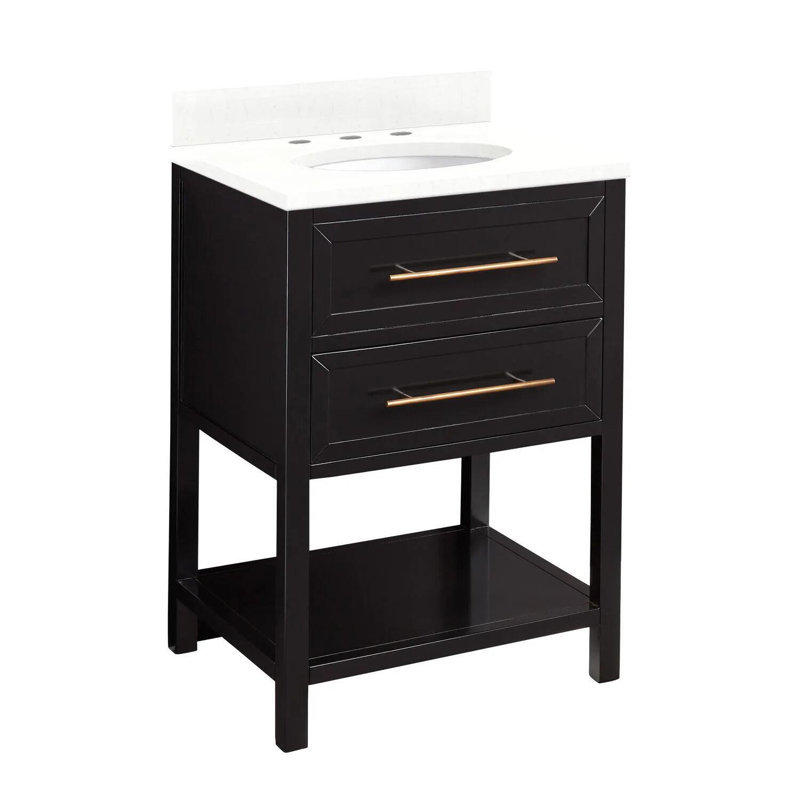 24" Robertson Single Bathroom Vanity Set with Oval Undermount Sink, Feathered White Quartz, 8" Widespread, Midnight Navy Blue