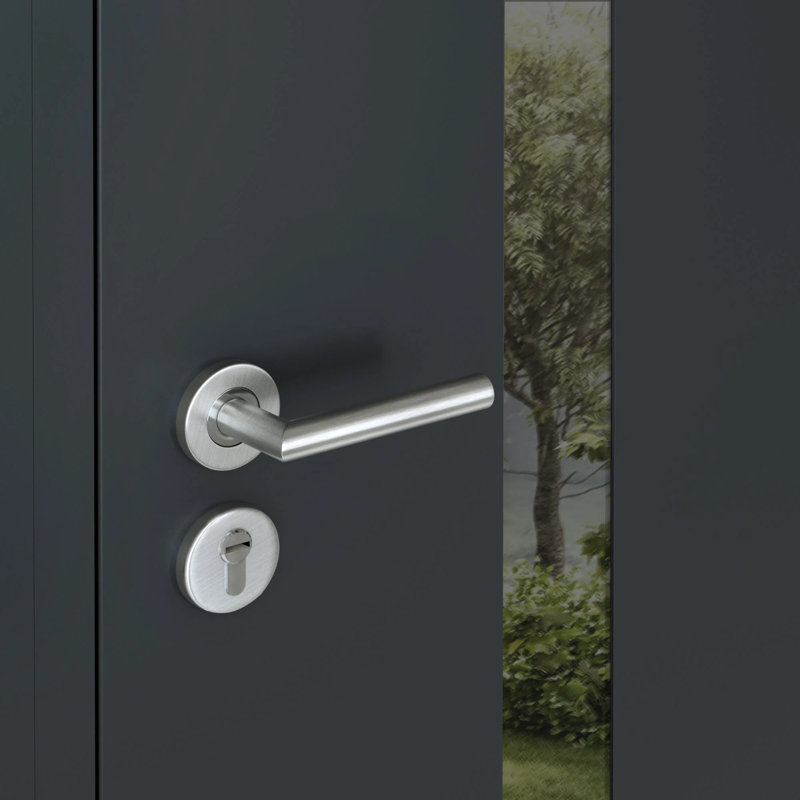 Porte d'entrée extérieure prémontée en acier Cynex 6777, grise, fenêtre latérale extérieure avec inserts en acier inoxydable, style moderne, peinte, largeur 36 + 16 po x hauteur 80 po, ouverture à droite vers l'extérieur