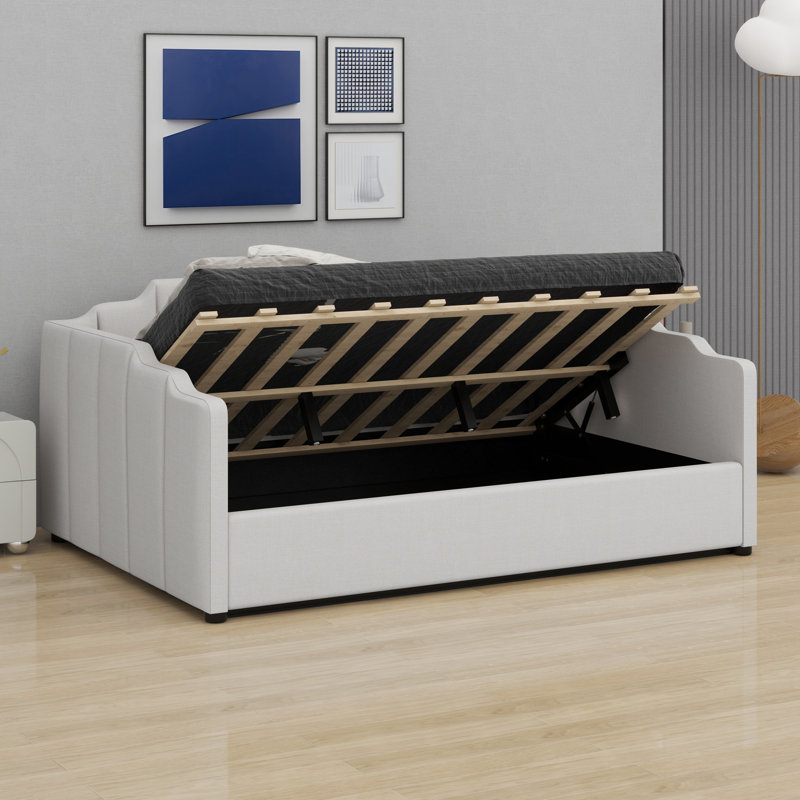 Lit de jour rembourré avec rangement inférieur, Beige, Lit double