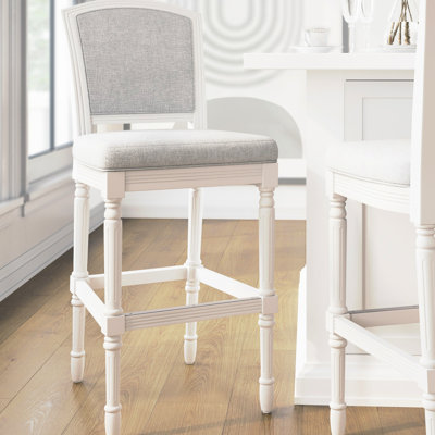 Tabouret de bar de 31 po de hauteur blanche avec siège et dossier rembourrés gris, pieds tournés texturés et ornés pour bar de cuisine d'une hauteur de 31 po, surface de table à cartes