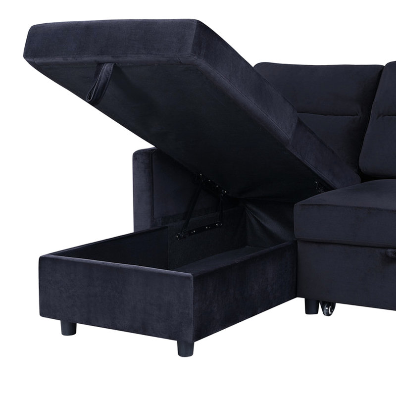 Canapé-lit 81,5 po en velours avec poche latérale et rangement pour chaise longue en tissu noir, largeur de 82,7 po