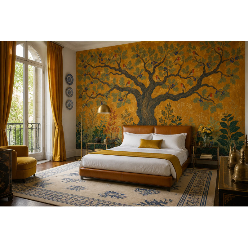 Papier peint arbre et oiseaux, forêt dorée, 140 po x 108 po, Non tissé