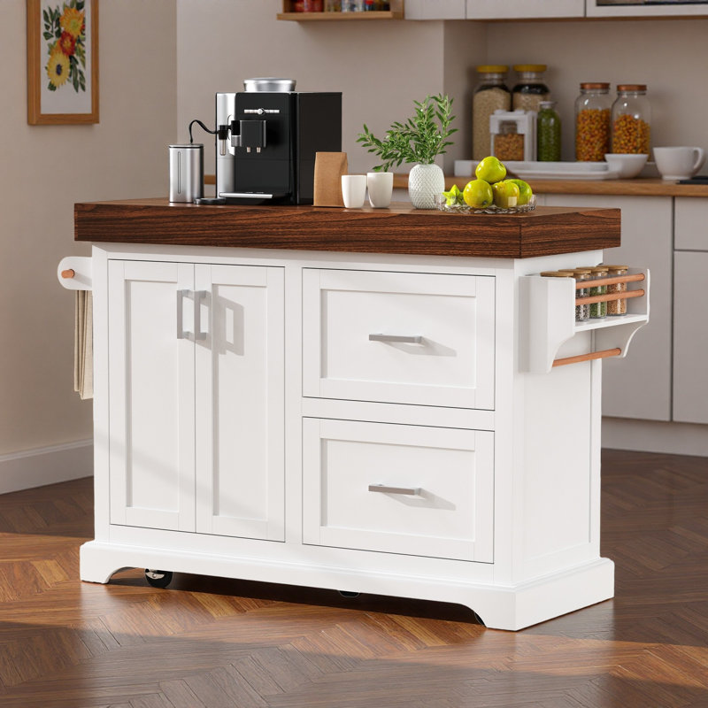 Grand îlot de cuisine avec bureau épais, porte-épices, porte-serviettes, 2 tiroirs et 5 roulettes, Blanc