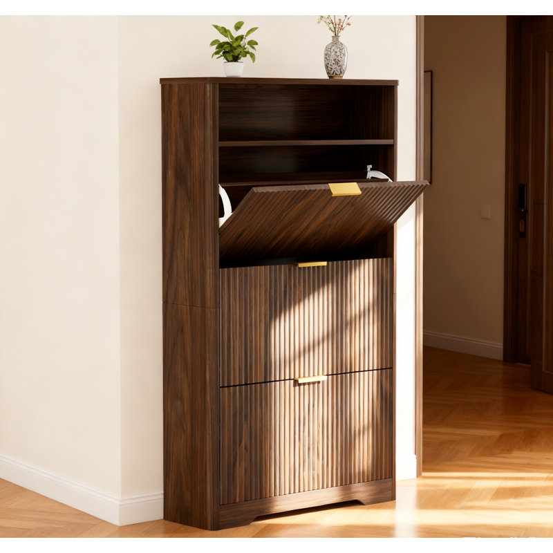 Shoe Cabinet Storage For Entryway Hidden Shoes Storage Cabinet With 3 Flip Drawers, Tall Free Standing Shoe Organizer Rack For Foyer, Hallway. Walnut ,31.6'' L X 9.6'' W X 54.4'' H.
