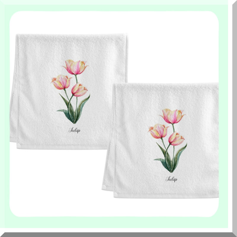 Floral Bliss Soft Cotton Face Towels - Watercolor Botanical Pink Yellow Tulip - Decorative Bath Hand Towels Set for Guest Shower - 16x30 Inches - Set of 2