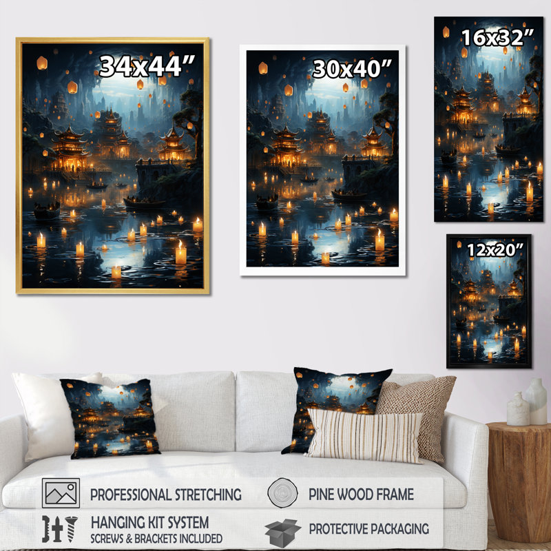 Art mural Japon, mer de lanternes III - paysages urbains, H 32 po x l 16 po x P 1 po, Encadrement doré
