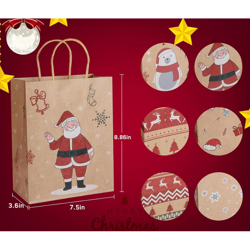 24 Pack Christmas Gift Bags - 6 Designs, with Handles