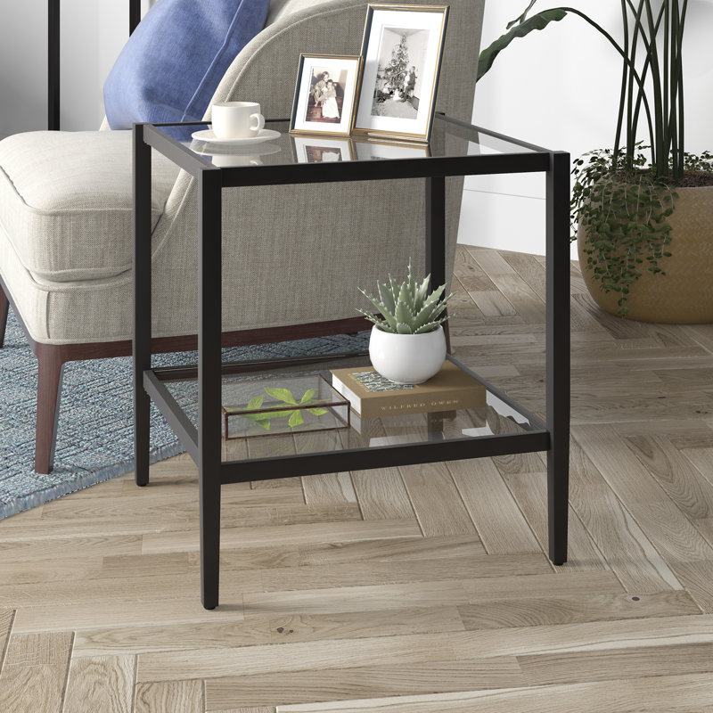 Hera Glass End Table with Storage, Blackened Bronze