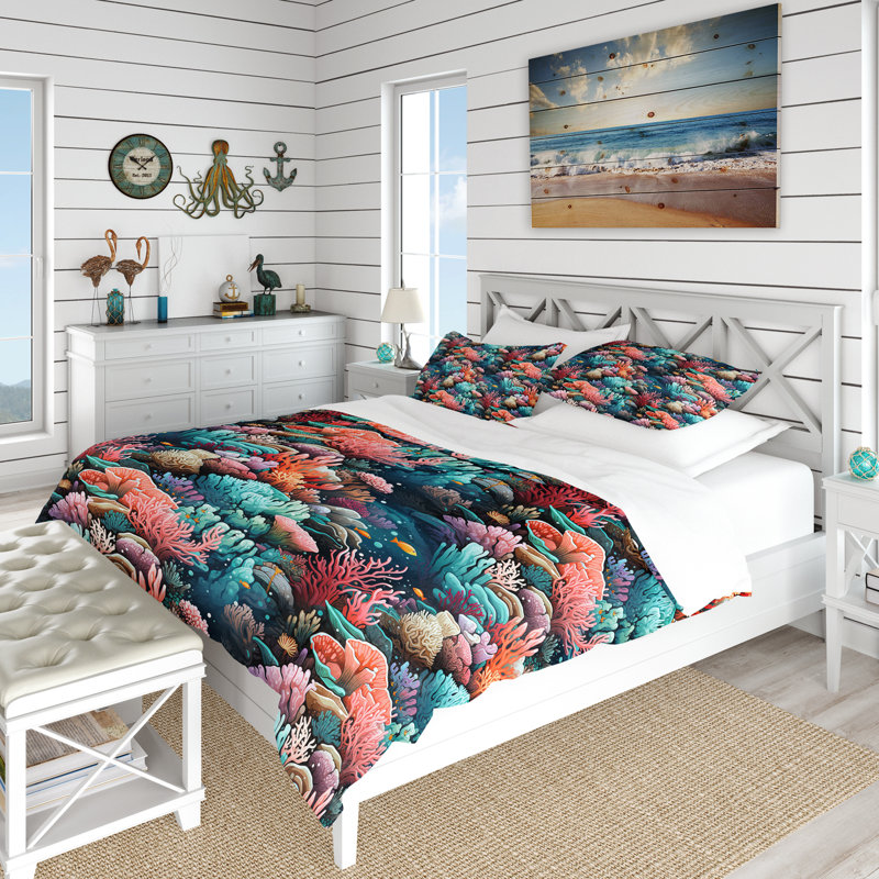 Literie à motif tropical Coral Reef, Housse de couette pour très grand lit et 2 très