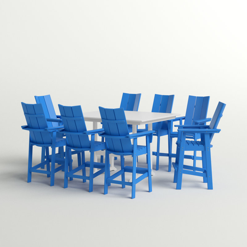 POLYWOOD Modern Curveback Adirondack 9-Piece Farmhouse Trestle Bar Set, Lemon/White