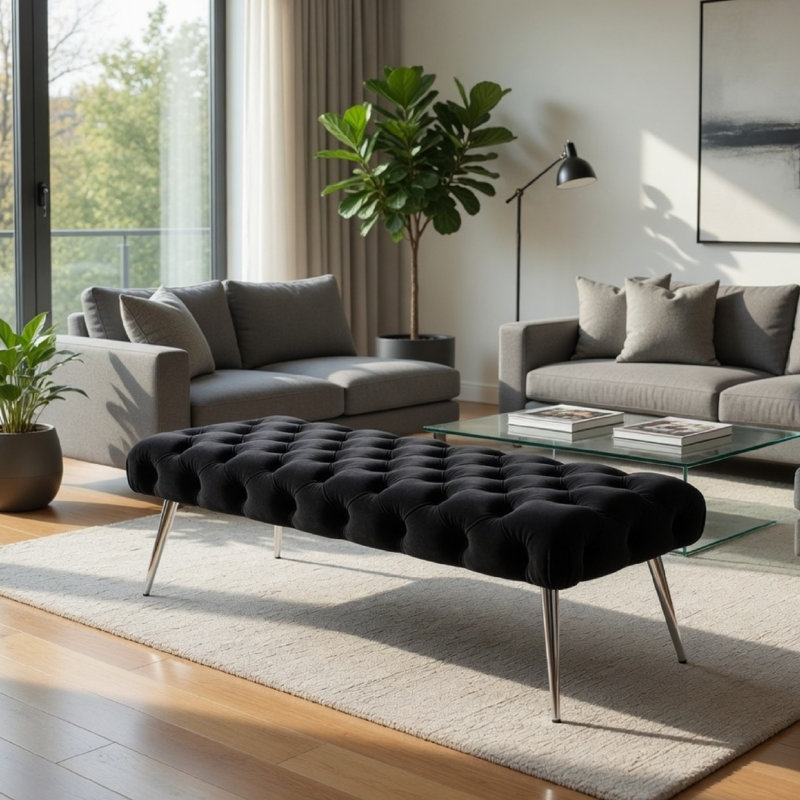 Banc Lila, siège en mousse, velours noir capitonné, pieds chromés 47 po, Noir