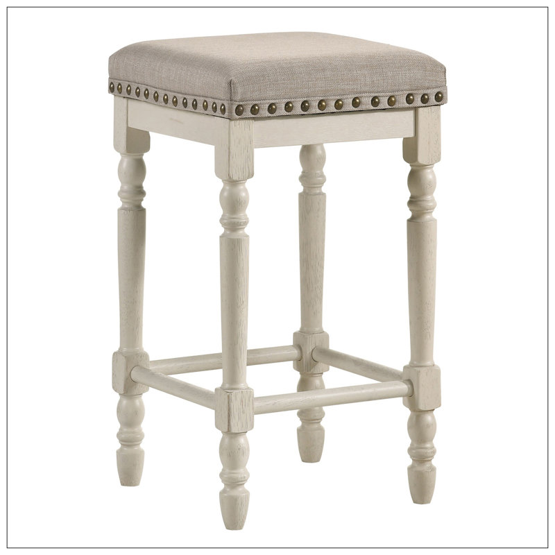 Tabourets de bar en bois rembourrés, ensemble de 2, Brun clair / blanc antique