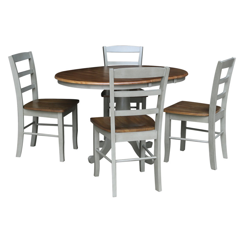 Gadmann Pedestal Extendable Solid Wood Dining Set, Hickory/Stone, 5 Pieces: Table, 4 Chairs