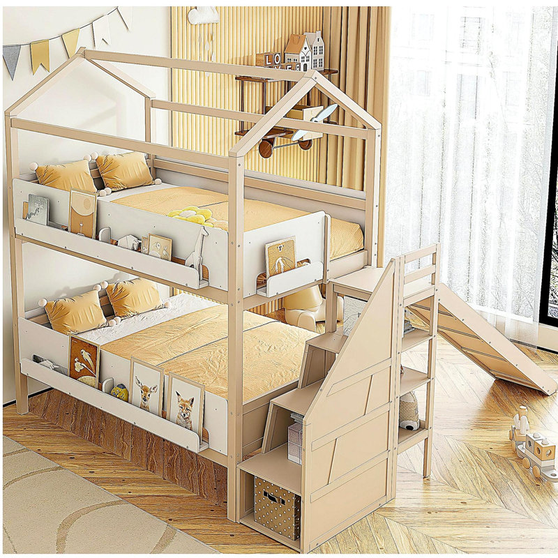 Lit superposé en bois en forme de maison avec glissade et escalier de rangement, cadre de lit simple / simple / double pour enfants, beige et blanc