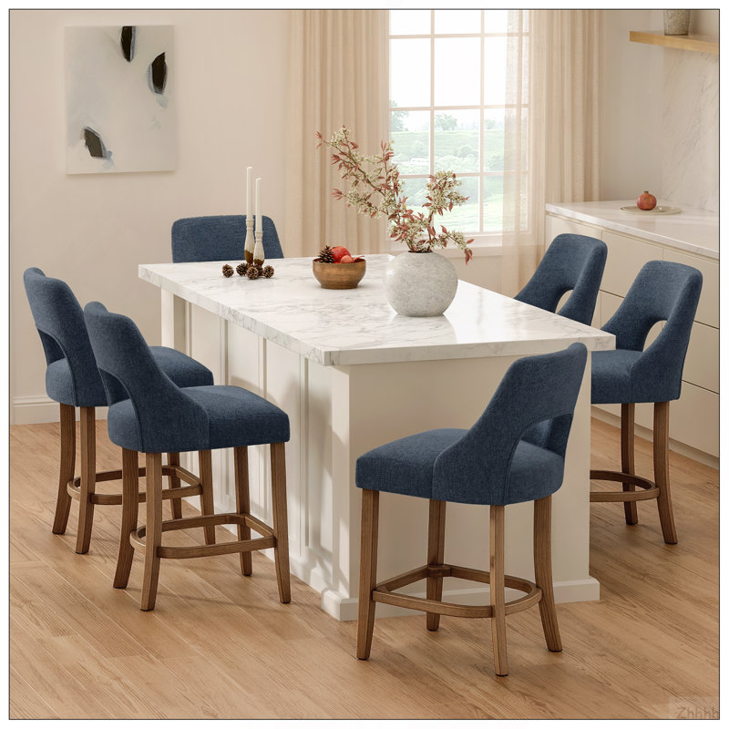 Ensemble de 2 tabourets de bar, tabourets de bar rembourrés à hauteur de comptoir, tabourets de comptoir modernes avec pieds en bois pour îlot de cuisine, bleu marine