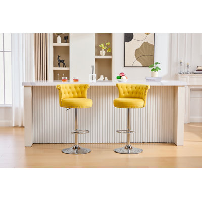 Ensemble de 2 tabourets de bar en velours, tabourets pivotants réglables avec pieds en métal plaqué argent, têtes de clou chromées, chaise à hauteur de comptoir pour la cuisine, la salle à manger