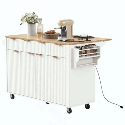Fluted Kitchen Island With Storage, Kitchen Island With Drop Leaf, Power Outlet, 4 Doors And 3 Drawers, Rolling Island Table With Wood-Grain Top, Curved Edge For Kitchen,Dining Room