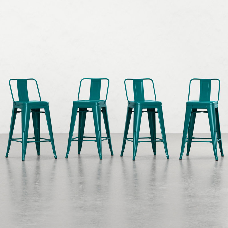 Tabouret de comptoir de 24 pouces en métal de 4 - Design industriel avec finition stable bleu sarcelle courbé 4 24 po de hauteur en bleu, dossier, repose-pieds confortable, croisillon, marque