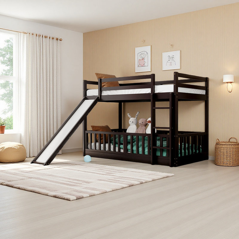Twin Over Twin Bunk Bed With Slide And Ladder, Espresso