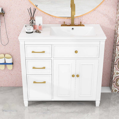 Meuble-lavabo 4 tiroirs avec lavabo en céramique, tablette réglable et armoire de rangement