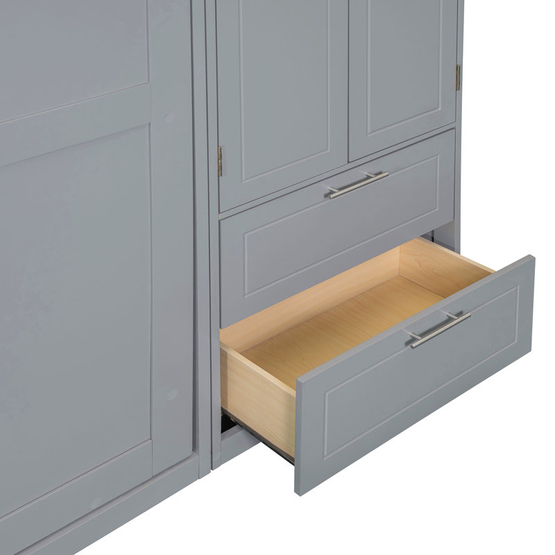 Lit escamotable mural avec bureau, armoire supérieure et tablettes de rangement, lit pliable peu encombrant, Gris