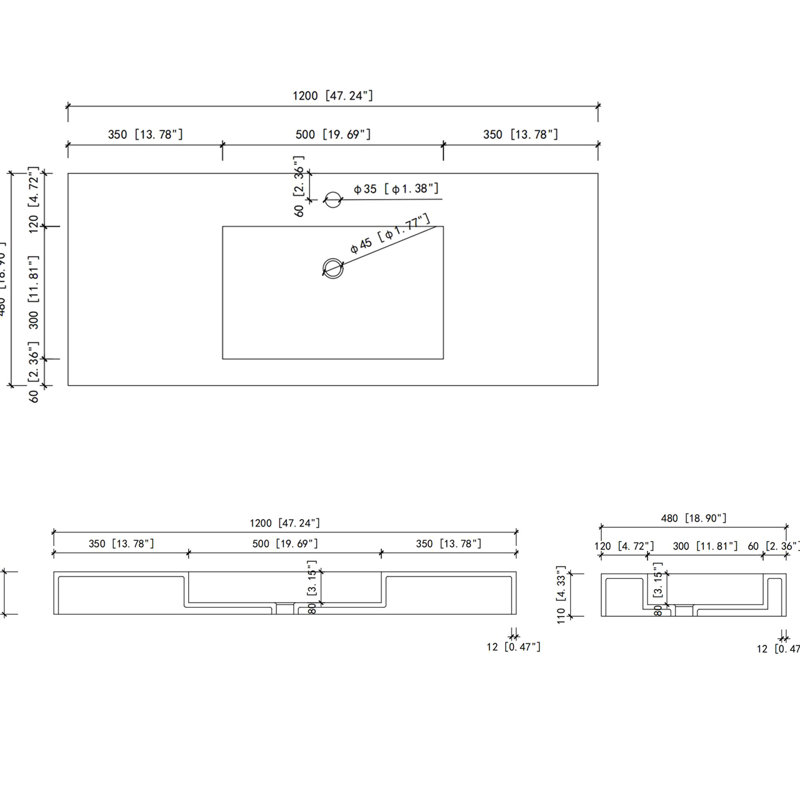 Meuble-lavabo à surface solide en résine de pierre noire mate - profondeur 45,87 po, largeur 19,33 po, hauteur 4,38 po, poids lourd polyvalent 64,77 lb, construction, lavabo à drainage lisse pour profondeur de salle de bain,