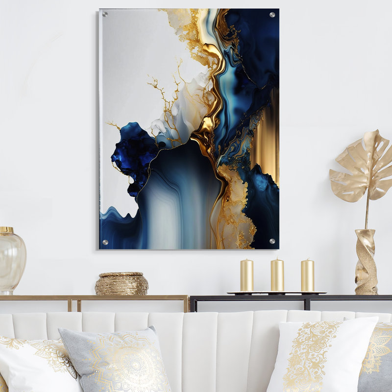 Géode abstraite dorée et bleue I - art mural acrylique abstrait en marbre pour la cuisine, H 40 po x l 30 po