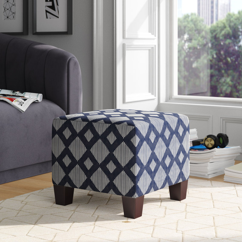 Fernando Upholstered Ottoman, Line Lattice Indigo