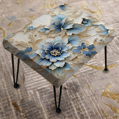 White And Blue Damask Facade Splendor - Floral Rectangle Ottoman