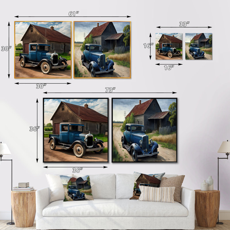 30S Ford Car In Barn II - Vintage Car Square Collage Set of 2, Cadre flottant noir, H 16 po x l 33 po