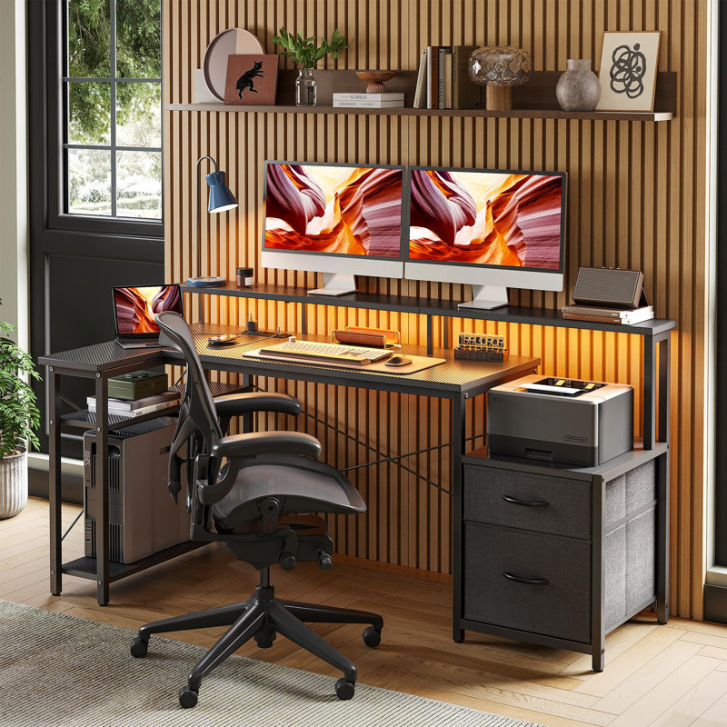 L-Shaped Metal Base Computer Desk with Power Outlet