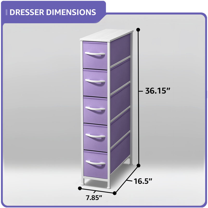 Sorbus Narrow Dresser with 5 Drawers - Vertical Slim Storage Chest of Drawers with Steel Frame, Wood Top & Easy Pull Fabric Bins for Small Spaces, Closets, Bedrooms, Bathrooms & Laundry, Purple