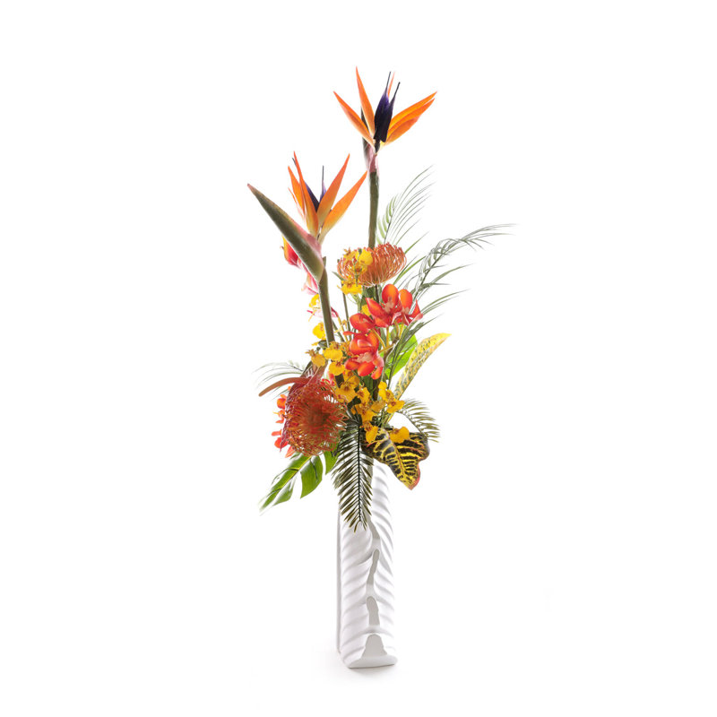 Tropical Flower Arrangement in White Leaf Vase