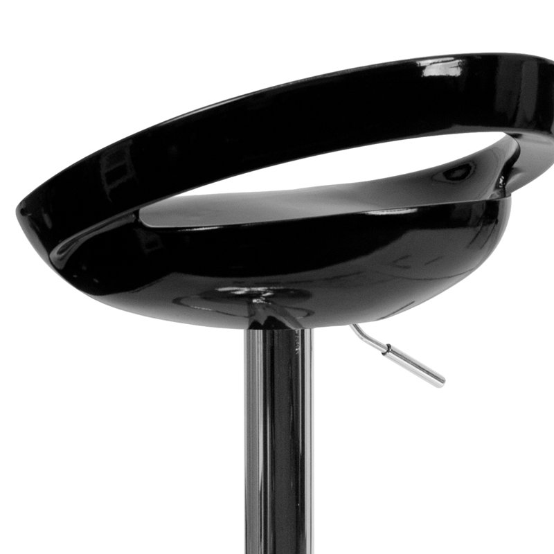 Contemporary Plastic Adjustable Height Barstool with Rounded Cutout Back and Chrome Base, Black
