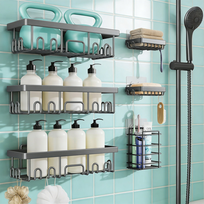 6-Pack No Drilling Adhesive Shower Caddy With Soap Holder, Rustproof & Waterproof, Dark Grey, Dark Gray, 3