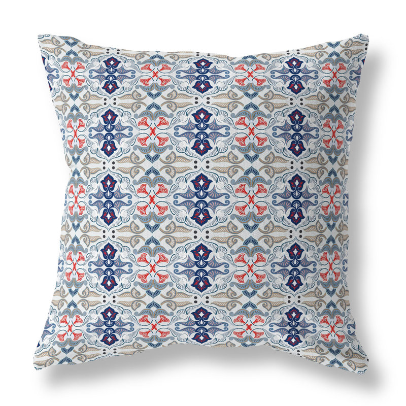 Coussin décoratif floral intérieur / extérieur Floral Elegance, H 18 po x l 18 po, Bleu / rouge / ivoire