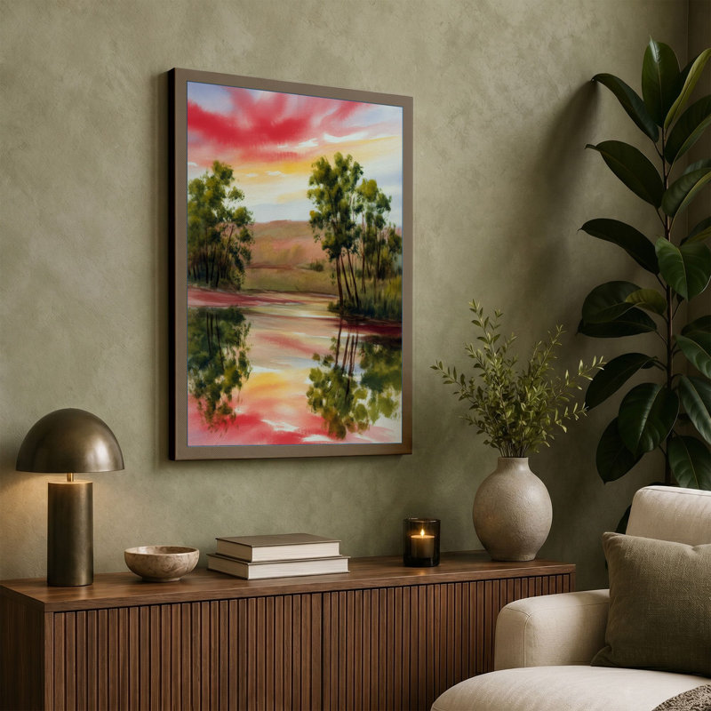 Sunset Over Palms Tropical - Wrapped Canvas, 36x24 - 91.4 x 61.0 cm, Sage Border