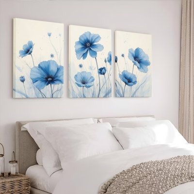 Blue Floral Canvas Wrapped Wall Art, Oil Painting Print (Set of 3)