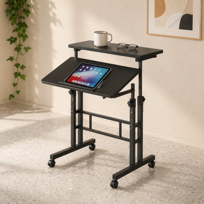 Manual Stand Up Desk, Split Dual Panel, With Storage Hooks Mobile Desk