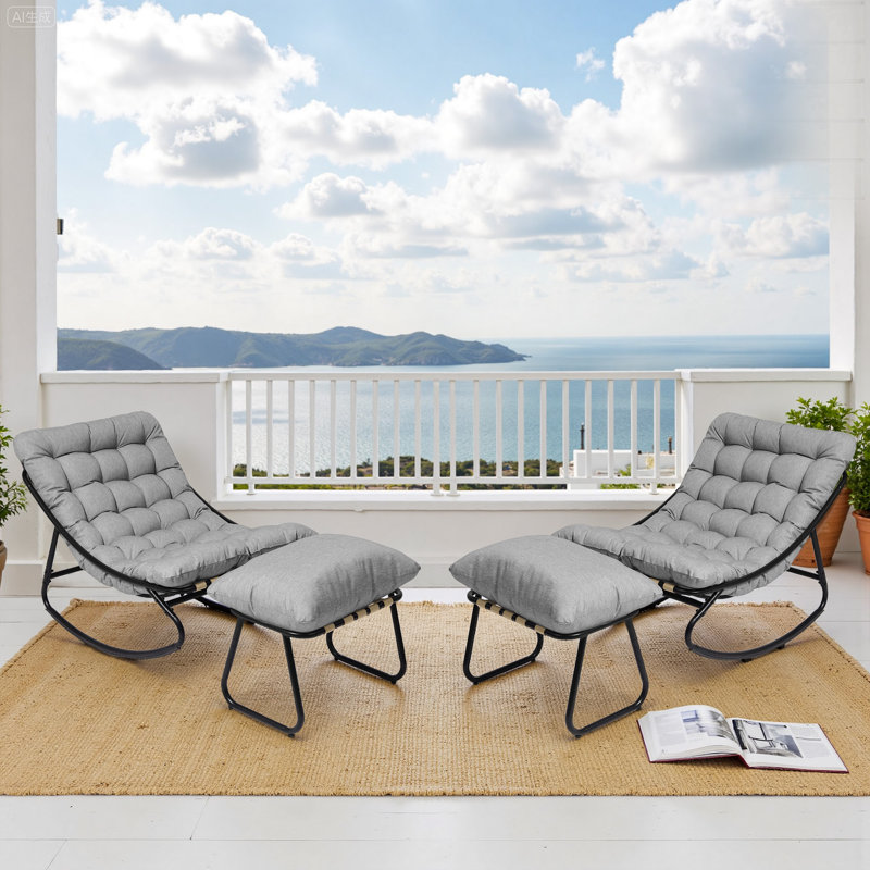 Nola Patio Outdoor Lounge Chair Rocking Chair With Ottoman (Set of 2), Yes, Light Gray