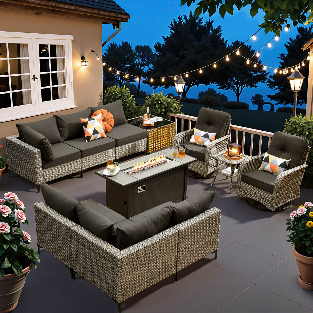 Sorella 11-Piece PE Wicker Outdoor Patio Furniture Set with 54" Propane Fire Pit Table & Solar-Powered Lighting