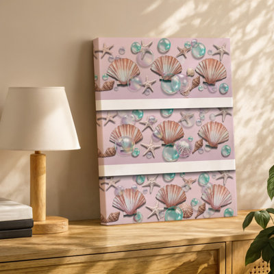 Toile, une scène sous-marine vibrante et fantaisiste mettant en vedette un tableau d'art de coquillages et d'étoiles de mer dispersés sur une toile pastel douce