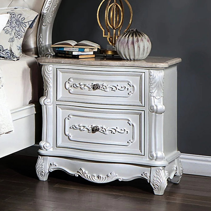 Table de chevet traditionnelle avec 2 tiroirs, table de chevet en bois massif et marbre blanc perle véritable pour chambre à coucher