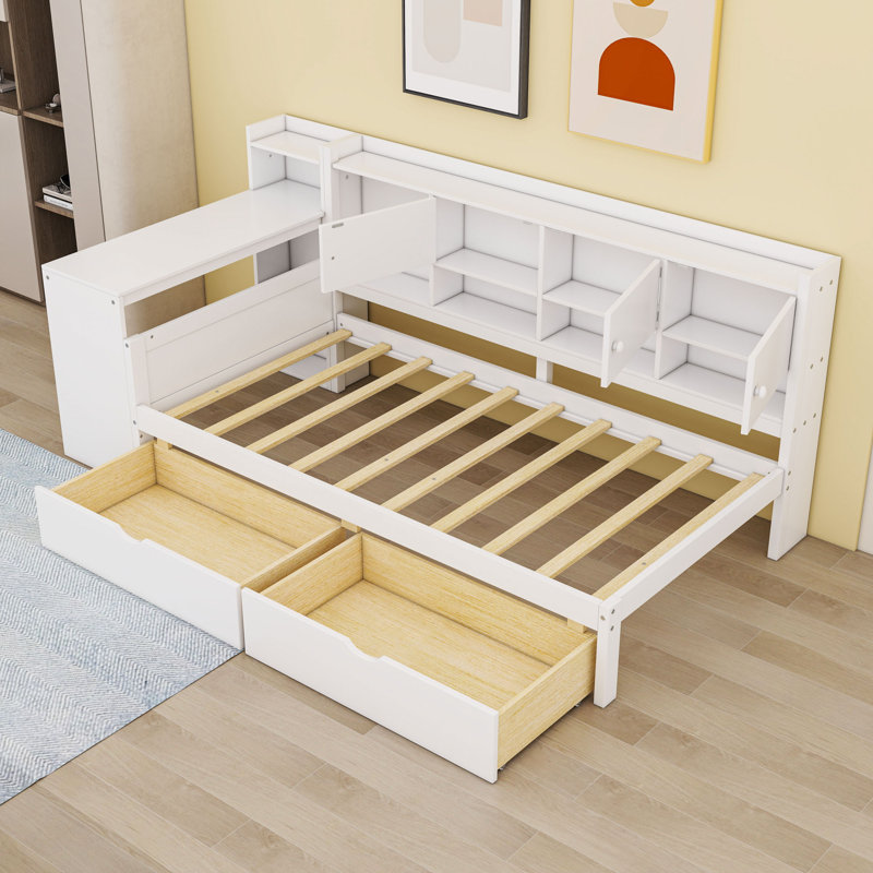 Lit de jour en L à 2 tiroirs en bois avec tablettes et bureau intégré, Lit simple, Blanc