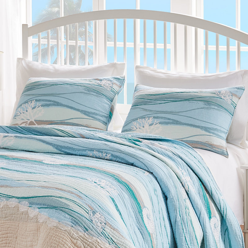 Maui Blue Cotton Reversible Quilt Set with Shams