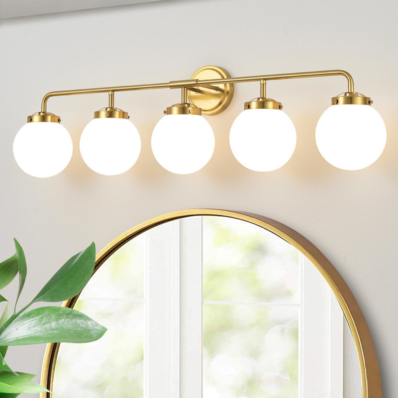 Gold 5-Light Dimmable Vanity Light with White Globe Shades