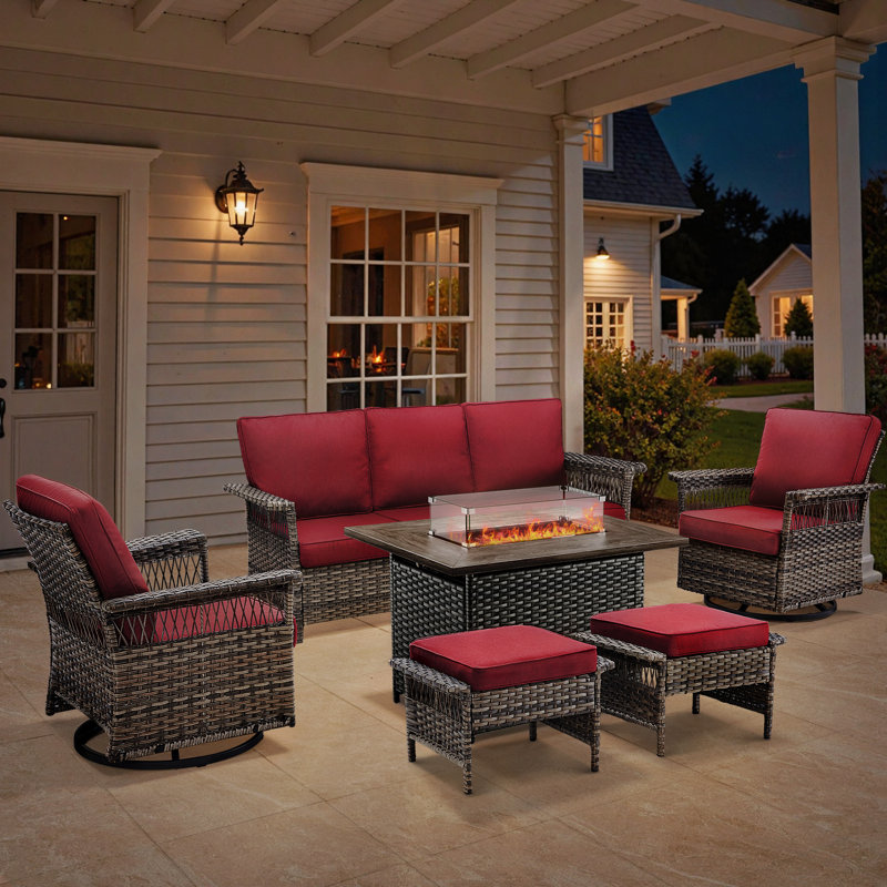 Anferney 6-Piece Outdoor Patio Sofa Conversation Set With Fire Pit Table, Red