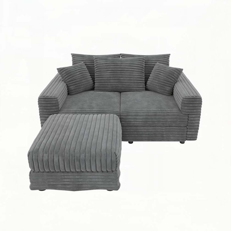 Canapé 3 places Corduroy avec coussin moelleux et repose-pieds, H 59 po x l 82 po x P 35,4 po, Gris