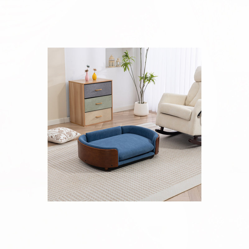 Lit pour chien surélevé de style scandinave avec pattes en bois massif et dossier en bois courbé, coussin en velours